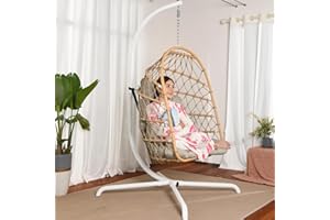 ‎LKINBO LKINBO Hängesessel mit Gestell Outdoor Indoor, Korb Hängestuhl Rattan Hanging Chair Wetterfest Hängeschaukel Garten Egg Schaukel für Kinder und Erwachsene bis 195 kg, Beige