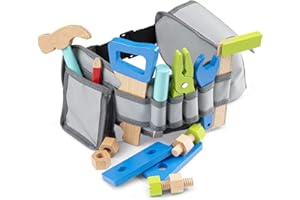 New Classic Toys 18285 Cinturón de Herramientas Ajustable con Herramienta de Juego Colorido y Accesorios de Madera