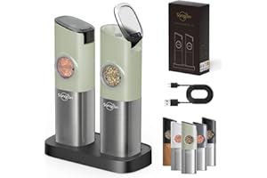 [AGGIORNAMENTO CON MAGGIORE CAPACITÀ] Sangcon Set Macina Sale e Pepe Elettrico Gravità con Base, Ricarica USB, Regolazione della Ruvidità, Coperchi Antipolvere Automatici, Luce LED, Verde Erba