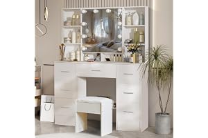 Saimeihome Sminkbord med LED-belysning och Spegel, 3 Ljuslägen, Vitt Toalettbord med Pall, 7 Lådor & 8 Hyllor, för Sovrum 100