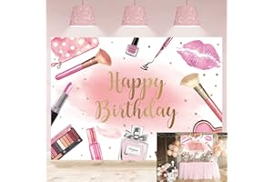 TENCOW Toile de fond rose fête sur le thème du spa ou du salon de maquillage « Happy Birthday » photographie de princesse,fille,femmes,cosmétiques,décorations de fête à thème (208,3x150cm) 20230310