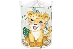 Clastyle 45L Cesta Ropa Sucia Animales Safari Leopardo Lindo Hojas Palma Tropicales Cestos Almacenaje Juguetes Verde Redonda para Habitación Infantil, 36x45 cm