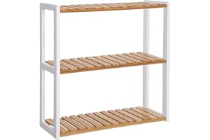 ‎SONGMICS SONGMICS Badregal, Badezimmerregal, Bambus-Regal, Pflanzenregal mit 3 verstellbaren Ablagen, Wandmontage, freistehend, für Wohnzimmer, Flur, Küche, 60 x 15 x 54 cm, Natur und Weiß BCB13WN