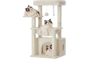 Heybly Albero per Gatti, con Cestino Extra Grande e Morbido, Letto Spazioso, Posto Letto Nascosto, Colonne in Sisal Robuste e Palla di Peluche, Beige HCT008SM
