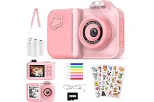 JoJoego Kinderkamera Sofortbildkamera, 2,4-Zoll 24MP Kinder Digitalkamera mit Selfie,1080P HD Dual-Kamera, 32GB Speicherkarte, 5 Rollen Druckerpapier, Geschenk für Kinder von 3-12 Jahren, Rosa