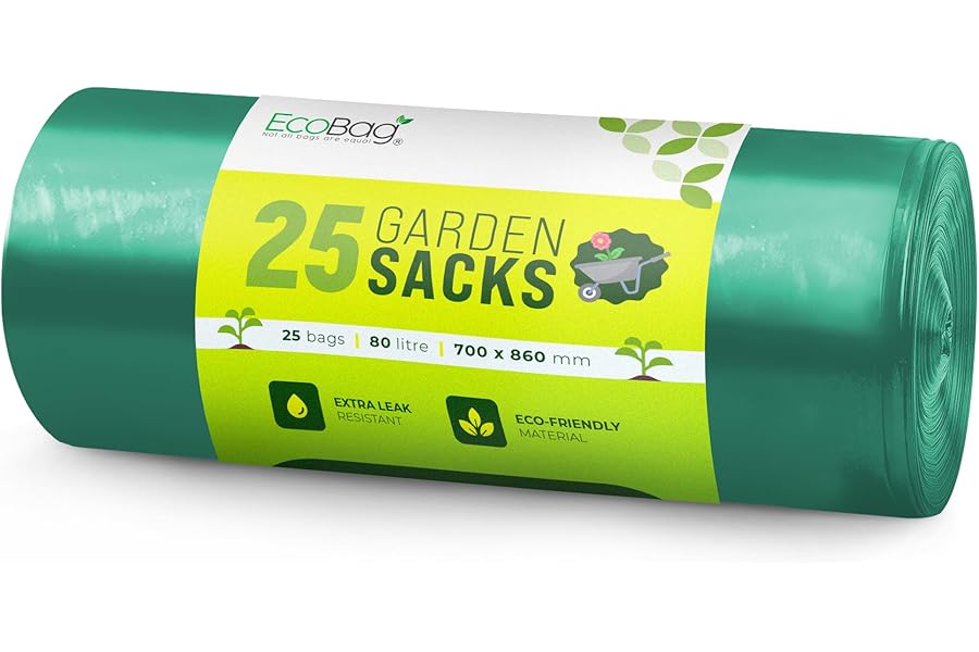 EcoBag - 25 Pack Extra Strong Heavy Duty Garden Sacks - 80L - 30 Microns - Recyclable, Leak Resistant & Eco-Friendly, Durable Garden Waste Disposal Bags for Household & Commercial Use (700x860mm)