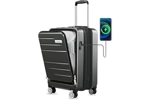 LUGGEX Handgepäck Koffer Hartschale aus PC mit Laptopfach - Erweiterbar Reisekoffer Trolley mit USB-Anschluss, 4 Doppel-Spinner Rollen, TSA, 55 cm, Schwarz