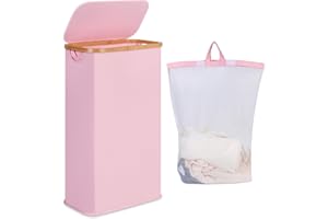 iEGrow Portabiancheria Salvaspazio 60L Con Borsa Interna Rimovibile e Lavabile, in Bambù, Pieghevole per Lavanderia, Camera da Letto (Rosa)