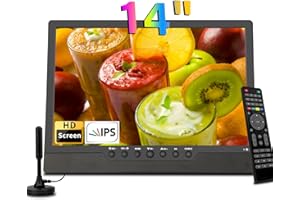 ZOSHING 14inch Portable TV, Full HD IPS screen TV Built-T2-H.265 Tuner-aerial,Recharge battery and HDMI,USB slot and 12v charge cable,Suit for Europe and UK