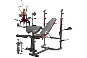 HS HOP-SPORT HOP-SPORT® Banc de Musculation Pliable Inclinable avec Poulie Haute, Banc d'entraînement Complet, Support d'haltères et Presse à Jambes, Multifonction pour Le Développé Couché avec Papillon au Choix