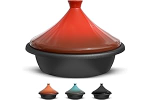 KooK Marokkanische Tajine, emaillierter Gusseisen-Kochtopf, Tajine mit kegelförmigem geschlossenem Keramikdeckel, 3,3 QT, (Crimson)