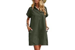 Zeagoo Vestido de verano para mujer, vestido de lino hasta la rodilla, vestido de playa casual, vestido de manga corta, vestido camisero de verano, vestido casual con bolsillos