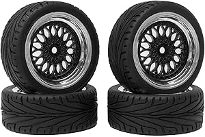 KINGCOO 4PCS 65mm RC Pneus et Route de Voiture,Pneus RC en Caoutchouc Roues en Plastique Revêtement pour 1/10 RC on Road Run-Flating Racing Touring Car pour HSP HPI Kyosho Tamiya (Noir Argent)