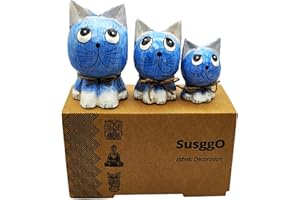SusggO Set de 3 Gatos de Madera. Hechos a Mano Artesania Figuras Gatos Decorativos Decoracion Tallado a Mano Gato de la Suerte Adorno Mueble (Azul Detalles Blancos Azul Gab)