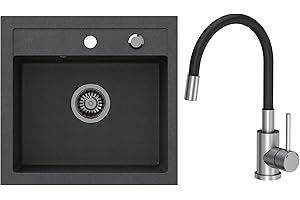 VBChome Spülbecken Granit mit Armatur Schwarz 50 x 47 cm Spüle Einzelbecken Einbauspüle Küchenspüle gesprenkelt + Siphon Waschbecken + Spültischarmatur Wasserhahn Einhebel