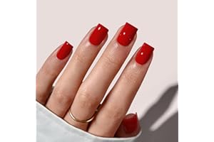 BTArtbox False Nails Short - Red Christmas Square Press On Nails with Glue, Opaque Soft Gel Stick On Nails for Women in 16 Sizes - 32 Fake Nail Kit, Hot Lap
