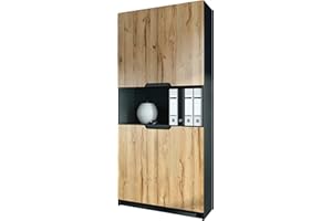 Vladon Armario Oficina Logan V2, Mueble Archivador con 5 Compartimentos y 4 Puertas, Negro Mate/Roble Natural (82 x 184 x 37 cm)