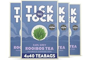 Tick Tock Earl Grey Rooibos Tea, Naturally Decaf Earl Grey Tea Bags, Caffeine-Free, Pack of 4 x 40 (160 Teabags) Biodegradable, Redbush