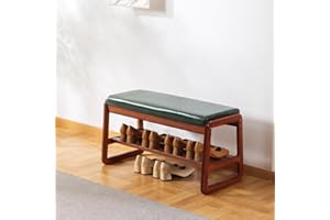 SOBIBO Solid Wood Shoe Bench, 2-Tier Wooden Storage Entryway, End of Bed Bench with Faux Leather Cushion for Hallway, Living Room (green, 80cm，31.5 inches)