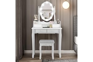 RELAX4LIFE Toeletta Trucco con Luci, Postazione Trucco con Sgabello e Specchio Girevole a 360°, Luminosità Regolabile, Tavolo da Trucco per Camera da Letto (Bianco, 75 x 40 x 145cm)