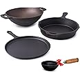 The Indus Valley Pre-Seasoned Cast Iron Cookware Set | Tawa(25.2cm), Fry Pan (25cm), Wok Model Kadai (26cm) & Tadka Pan (16.4cm) | Kitchen Cooking Combo Pots and Pans Set of 4Pcs Black