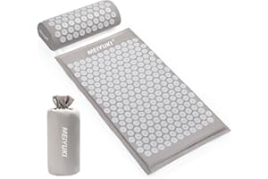 ‎MEIYUKI Acupressure Massage Mat and Acupressure Pillow with Carry Bag Relaxation & Meditation - Akupressurmatte mit Kissen Acupressure Set Including Neck Pillow for Neck and Back Pain, grau + weiß