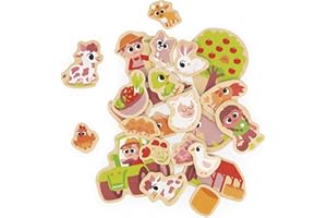 Janod - 24 Imanes Magnéticos de Madera - Tema Granja - Animales de Granja - Juguete de Madera - Ideal para pizarra o nevera -Juego Magnético Educativo, para Manipular, Experimentar -A partir de 2 Años