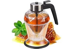 DESIOLE Dispensador de miel de vidrio, dispensador de miel sin goteo con soporte, tarro de miel en forma de diamante, hermoso jarabe y tarro de azúcar