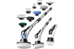 FOFILE Brosse Nettoyage Electrique avec 8 têtes Brosse Rotative Nettoyage Manche Extensible 2 Vitesses, Batterie 2500mAh étanche IPX8 pour Salle de Bain, Cuisine et Voiture