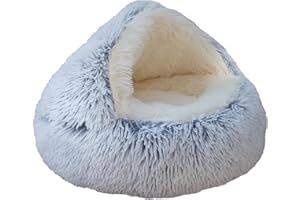 ZvoanSem Calming Round Dog Beds &Cat Cave Bed with Hooded Cover,Plush Fluffy Dog Bed Anti-Anxiety Cat Cave Bed,Waterproof Bottom Washable (Grey, 20x20inch)