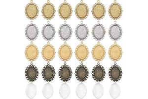 SUNNYCLUE 48Pcs DIY 24Sets Plateaux de Lunette de Cabochon Pendentif Lunette Vierges Style Vintage Paramètres de Lunette de Cabochon Ovale Breloques Photo Plateau de Pendentif Cabochons en Verre pour