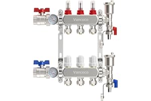 Vancoco Heating Circuit Distributor Stainless Steel for 3 Heating Circuits with Euro Cone 3/4 (16 x 2 mm), Underfloor Heating Distributor with Flow Meter, Quick Bleeder Set, 1 Inch Ball Valves and