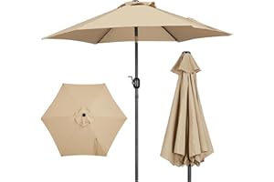 Yaheetech Garden Parasol Umbrella 2.3M Patio Table Umbrella Outdoor Sun Shade for Patio Garden with Crank Handle & 6 Metal Ribs for Backyard/Deck - Tan