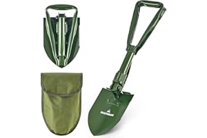 DARTMOOR Mini Folding Camping Shovel, 46cm Survival Shovel with Saw Edge for Digging Backpacking Gardening Hiking, Portable Entrenching Tool Foldable Steel Camp Spade with Storage Bag, Military Green