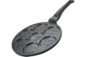 Herzberg, HGCP267SML, Poêle à crêpes et galettes 26 cm avec 7 motifs smiley emoji, Idéale pour Cuisson Saine, Résistante aux Rayures, Facile à Nettoyer, couleur argentée