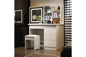 DEZAGCE Schminktisch, Kosmetiktisch mit übergroßem rechteckigem Spiegel, 5 Schubladen, Schminktische, Eitelkeit Tisch, Frisiertisch mit Hocker, Großer Stauraum, weiß, MDF, ‎50 x 100 x 135 cm