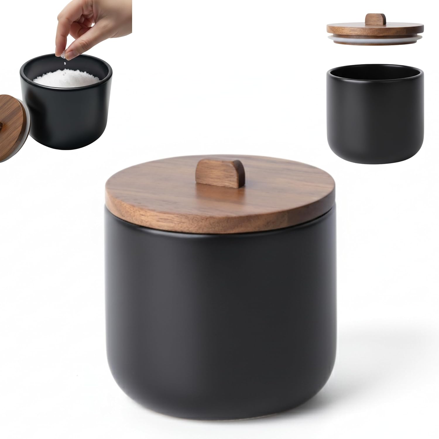 Kook Time Salero de Cocina de Cerámica CURVE - Bote Hermético con Tapa de Madera de Acacia. Tarro Multiusos para Sal, Azúcar o Especias. Diseño Nórdico Moderno. 11.5 x 12 cm. - Negro Mate