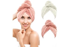 Nimisyra 2 Pezzi Asciugamano Super Assorbente con Bottone, turbante asciugacapelli,asciugamano per capelli,Assorbente e Asciugatura Rapida, per Capelli Lunghi e Ricci,Riso bianco + carne in polvere