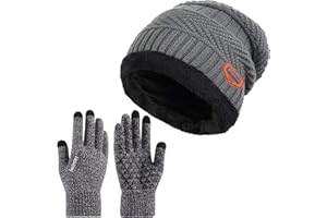 CheChury Gorro y Guantes de Invierno para Hombres con Forro Polar Conjuntos de Sombrero Suave Guantes de Pantalla Táctil Unisex Beanie de Punto Gorra Casual Cálida para Regalos