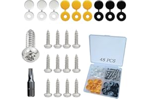 NOVAERISOBATUS 48 Pcs Number Plate Screws, M4 Anti Theft Number Plate Screws and Caps, number plate fixing kit, Includes Black, White and Yellow Plastic Hinge Caps and screwdriver bit