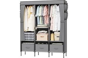 LOEFME Armadio in tessuto, 130 x 45 x 175 cm, stabile con tasche laterali, armadio pieghevole per camera da letto e spogliatoio, grigio