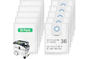 ZQZIQI Lot de 10 sacs filtrants 496186 pour extracteur de poussière Festool CT 36/CTM 36 E/CTL 36 E CLEANTEC Series, sacs à poussière pour Festool SC FIS-CT 36/5, jetables et grande capacité