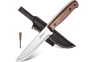 Japaknives Cuchillo para exteriores de hoja fija, cuchillo de supervivencia fabricado en acero al carbono con funda de cuero, cuchillo bushcraft de espiga completa