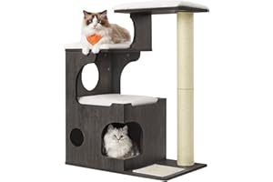 Feandrea Árbol de Gatos, Tablero de aglomerado de 86 cm de Altura, con Poste de Sisal, Plataforma, Cubierta de Piel Sintética Lavable, Gris Niebla PCT070G02