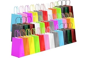 SHASHAYA 36pcs Paper Gift Bags 12 Colors Gift Bag with 36 Stickers Medium Colourful Gift Bags With Handles for Party Supplies Kids Party Baby Shower Birthday Sweet Xmas Bag 21x8x15 cm