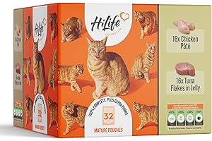 HiLife Mature Wet Cat Food for Senior Cats, Mixed Tuna & Chicken Recipes, Complete Senior Cat Food Pouches, 100% Natural & Grain Free (32 x 70g Pouches)
