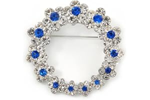 Avalaya Rhodium Plated Clear/Sapphire Blue Crystal Wreath Brooch - 45mm