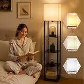 HOMIFLY 5 Tier Metal Floor Lamp with Wooden Shelves/Square Lamp with 3 Adjustable Color Mode/Corner Display Book & Vase Shelf