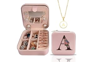 COFLINK Personalized Travel Jewelry Box with Mirror - Compact Portable Organizer for Women with Letter Necklace, Ideal for Mother's Birthday and Valentine's Day Gift (A)