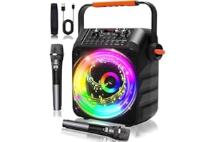 Omeyo Karaoke Machine with 2 Wireless Microphones - 60W Power 6.5"subwoofer 2 Mics with 1200mAh Rechargeable Battery, Speaker with PA System, Supports TWS/FM/AUX/USB/TF/REC for Party, Birthday(Orange)